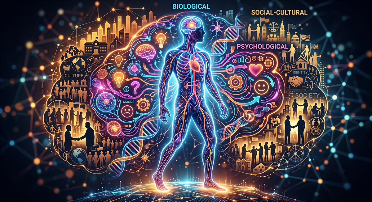 Konceptuální ilustrace biopsychosociálního modelu zobrazující biologické, psychologické a sociálně-kulturní vrstvy